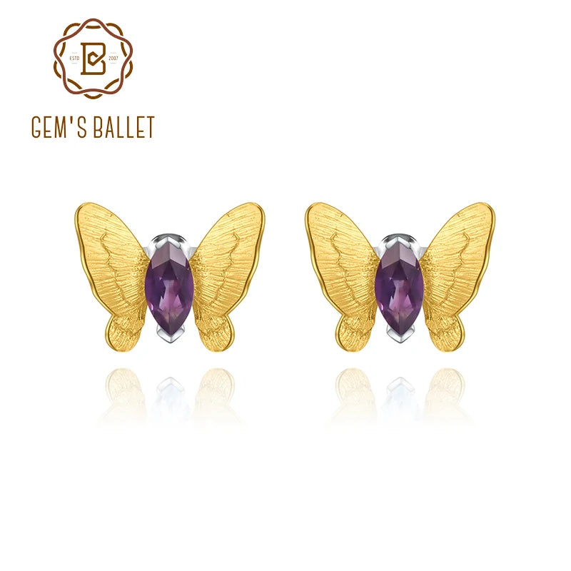 GEM'S BALLET 925 Sterling Silver Butterfly Handmade  Earrings Natural Amethyst Gemstone Stud Earrings For Women Fine Jewelry