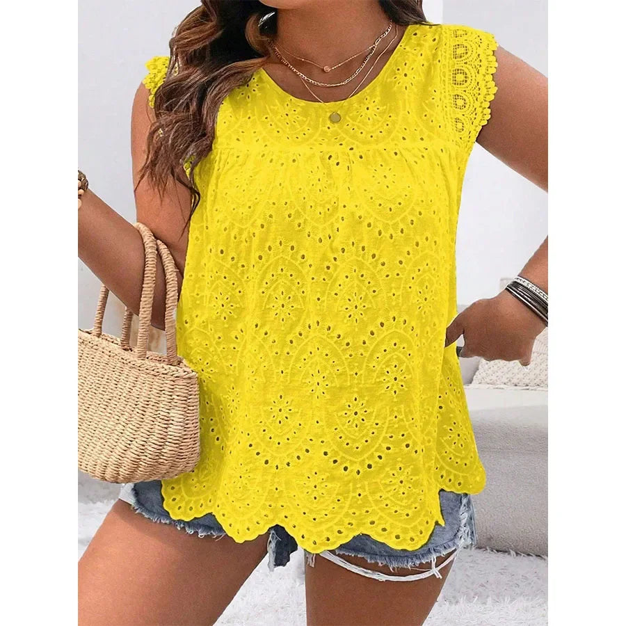 2025 New Fashion Casual Plus Size Shirt Sleeveless Hollow Solid Color Round Neck Lace Simple Versatile Casual T-shirt Top