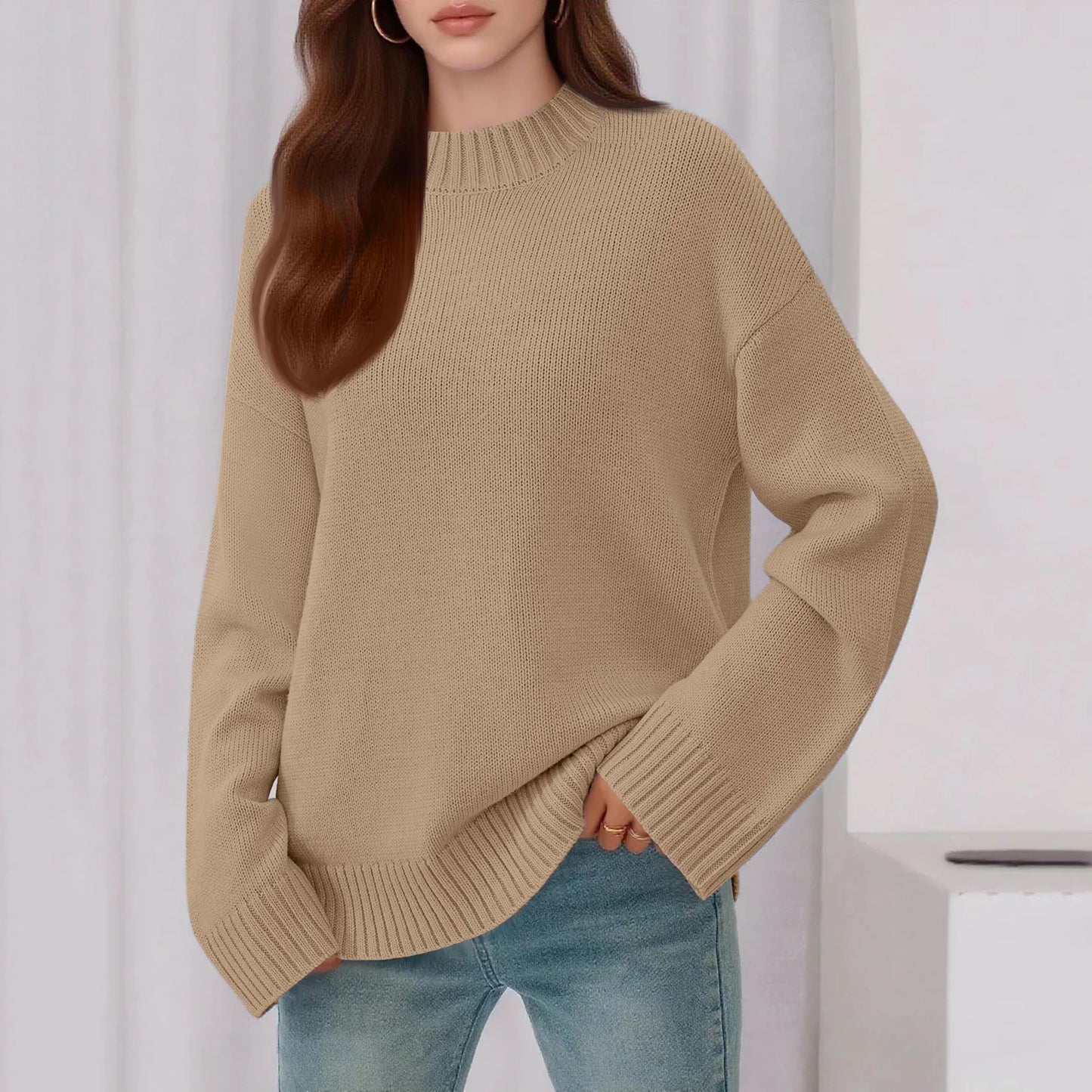Womens Loose Round Neck Solid Color Bell Sleeve Long Sleeve Knitted Sweater Top Ropa De Mujer Sweater De Mujer Pull Femme