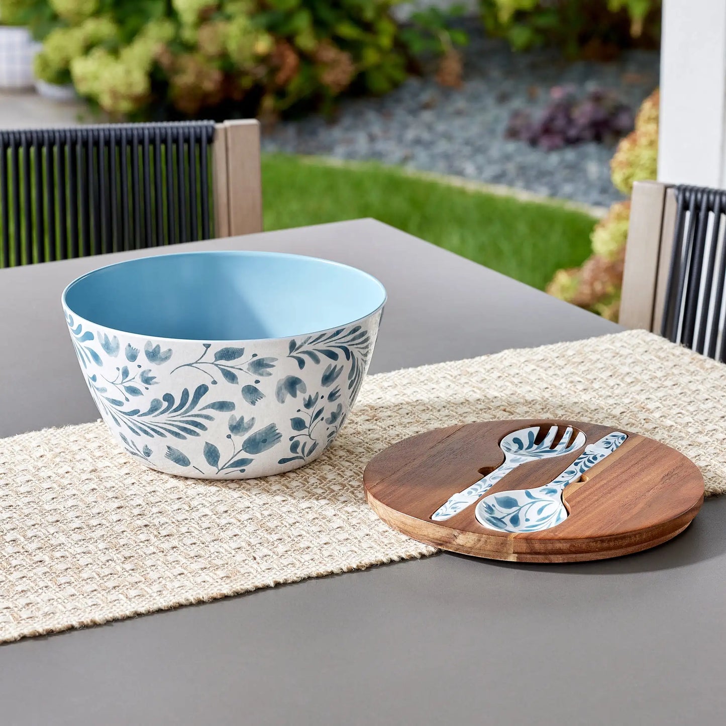 Better Homes & Gardens 4-Piece Bamboo Melamine Salad Serving Bowl and Utensil Set with Acacia Wood Lid, Blue