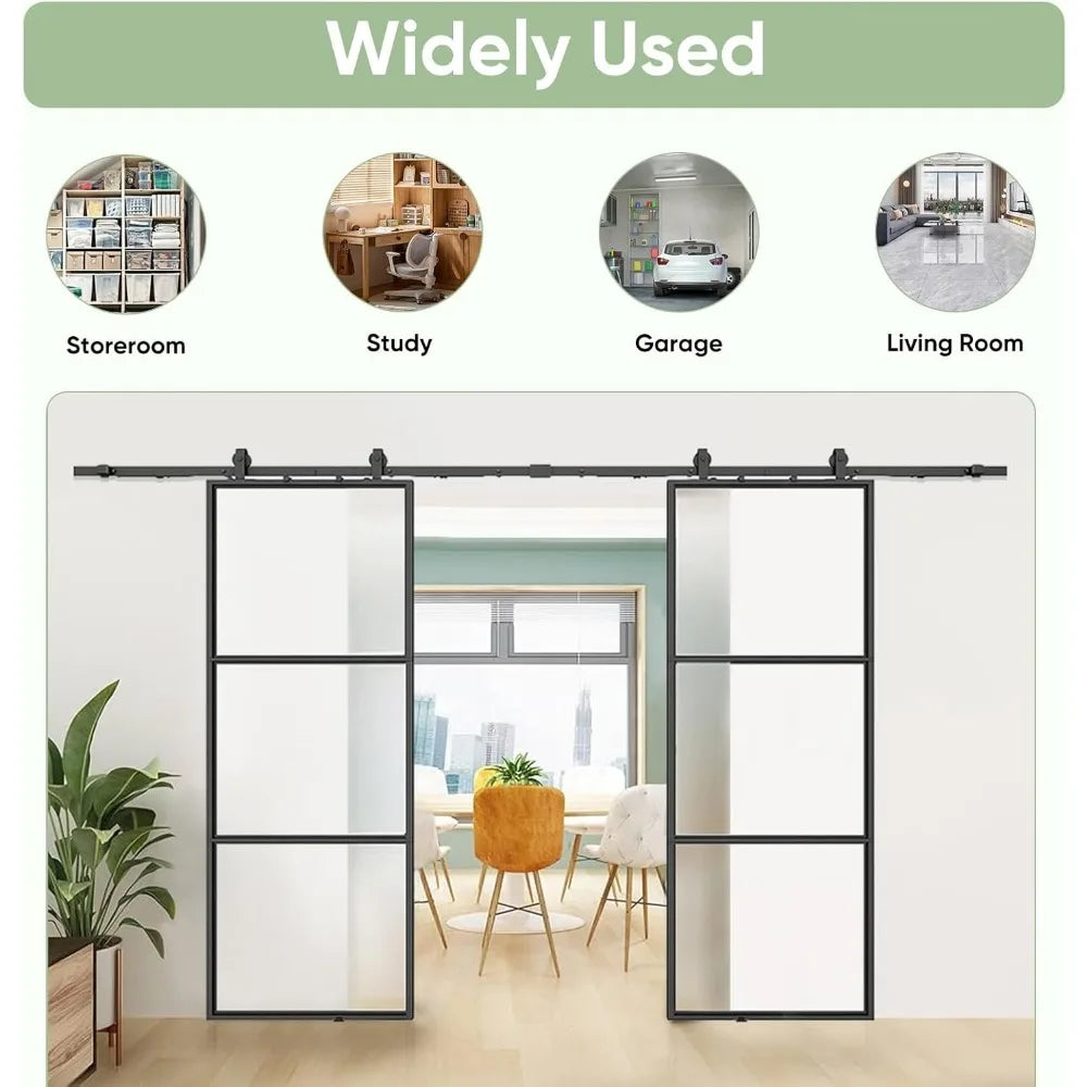 60 Inch X 84 Inch Double Glass Barn Door with 10 Foot Top Mounted Hardware Kit and Soft Close Mechanism Sliding Interior Door