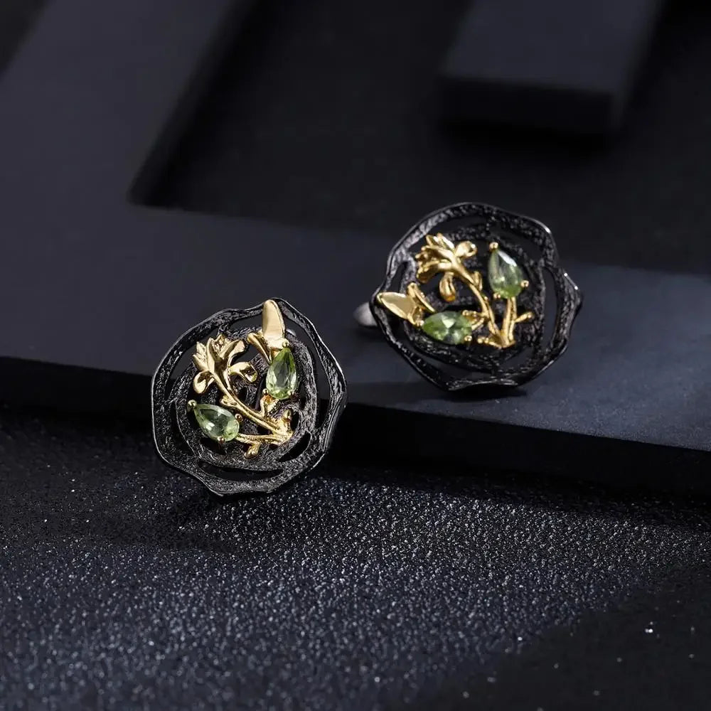 GEM'S BALLET Natural Peridot woman’s statement earrings 18k gold 925 silver two tone handmade butterfly flower lotus Earrings