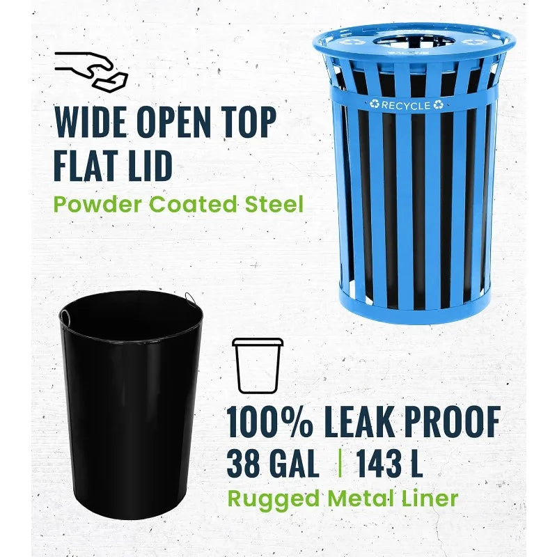 Commercial Outdoor Trash Can - 38 Gallon Heavy Duty Blue Recycle Garbage Can with Liner, Open Top Lid, All Weather Resist
