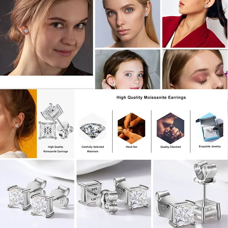 TUHE Unisex VVS1 Square Moissanite Women Earrings 925 Silver Fine Jewelry Earings 4MM/5MM Silver 925 Fashion Earrings Women Gift