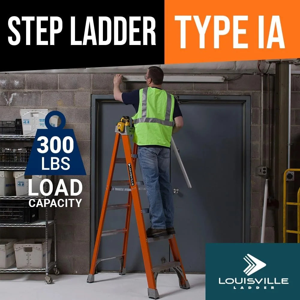6-foot fiberglass step ladder, 300-pound load capacity, type ia, fs1506