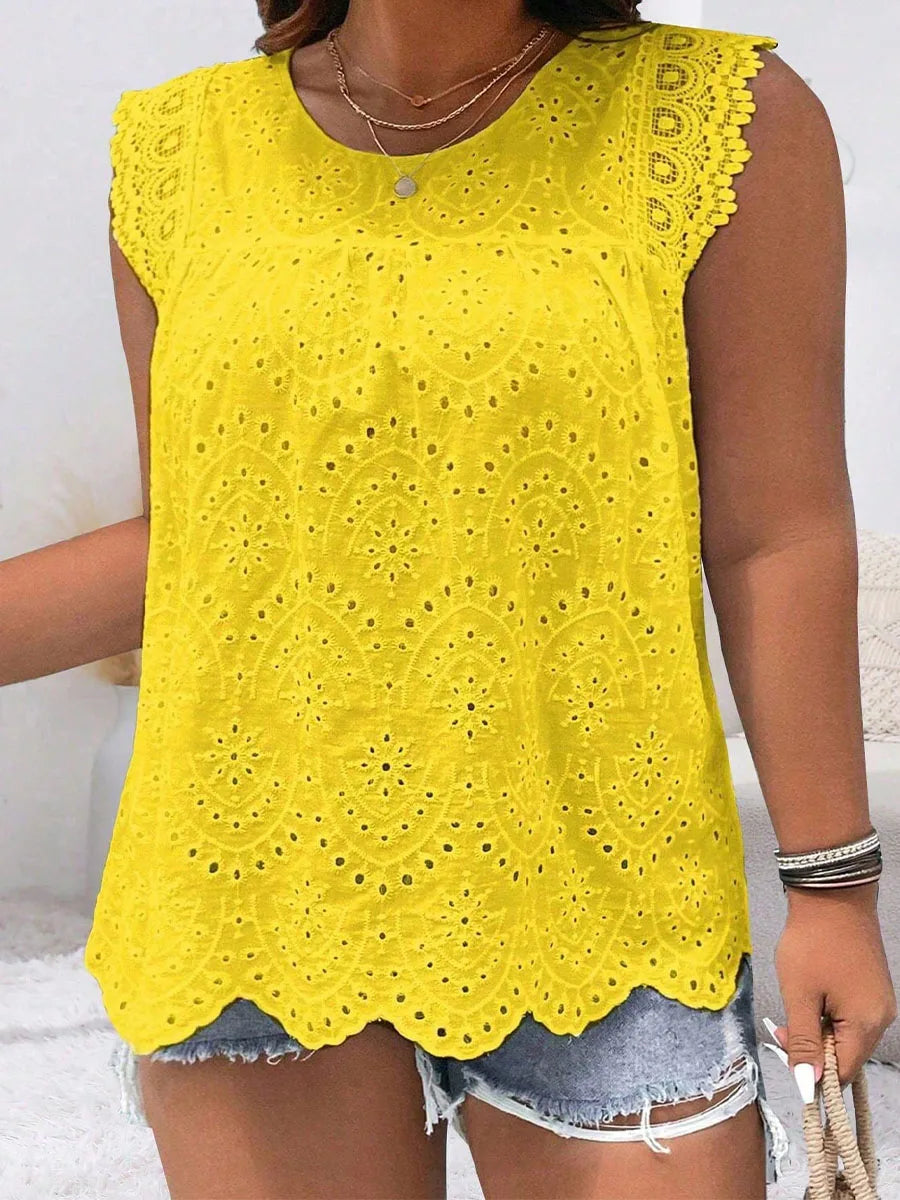 2025 New Fashion Casual Plus Size Shirt Sleeveless Hollow Solid Color Round Neck Lace Simple Versatile Casual T-shirt Top