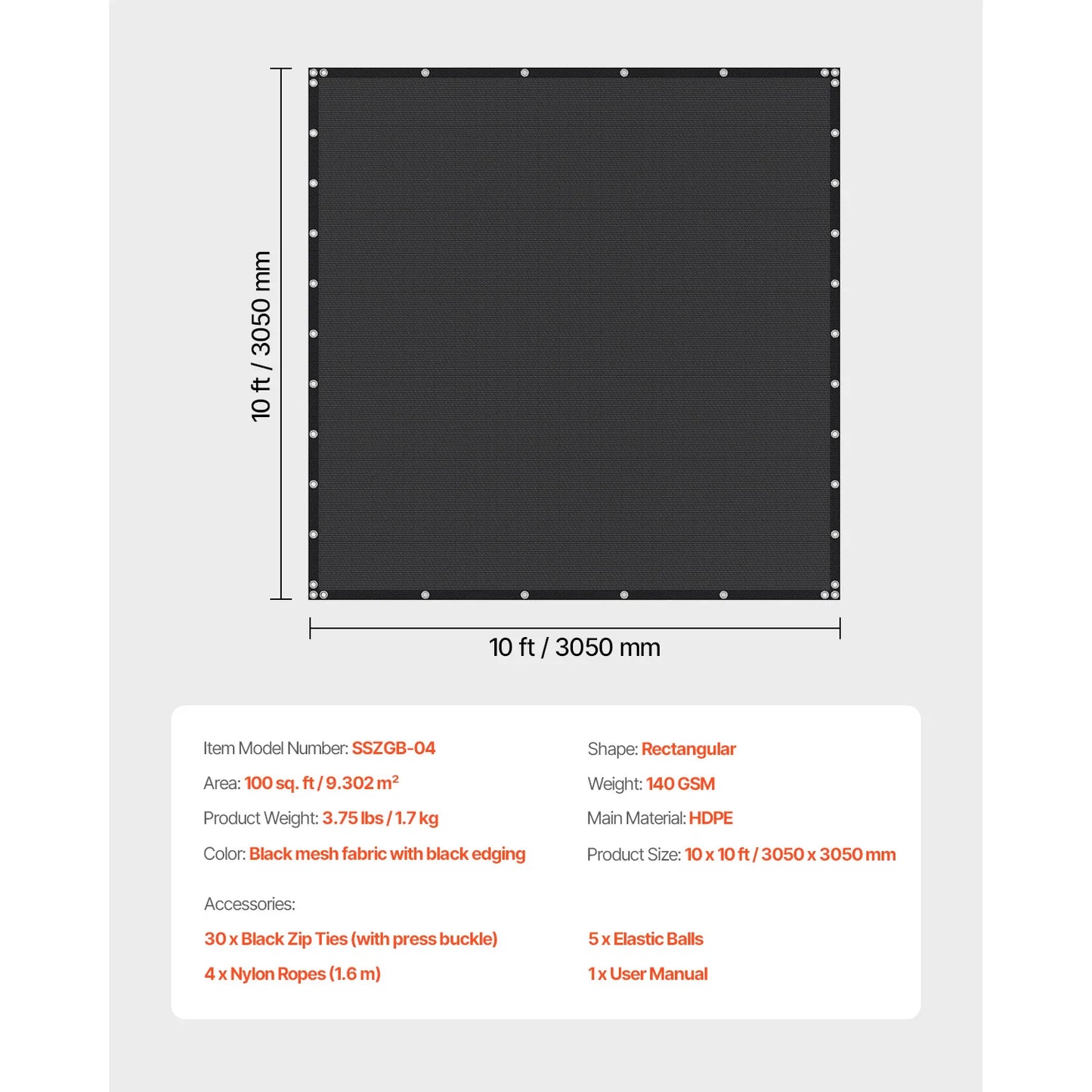 VEVOR 90 Percent Shade Cloth 10X10 Pergola HDPE Canopy