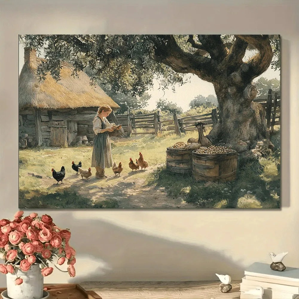 1.5 inch thick pine frame canvas wall art rustic farmhouse chicken scene with peaceful scenery, suitable for interior decoration
