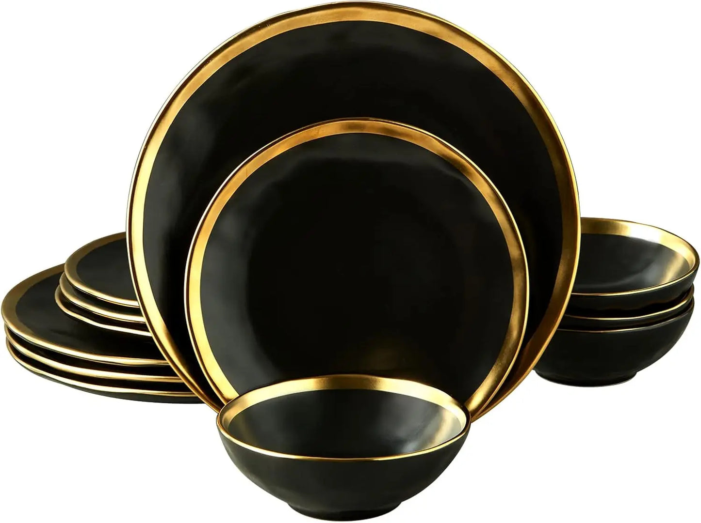 Black Luxury Plates and Bowls Sets, 12 Piece Porcelain Dinnerware Sets Service for 4, Modern Dinner Plates Set, Gold Rim Dish Se