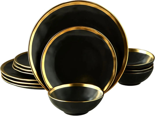 Black Luxury Plates and Bowls Sets, 12 Piece Porcelain Dinnerware Sets Service for 4, Modern Dinner Plates Set, Gold Rim Dish Se