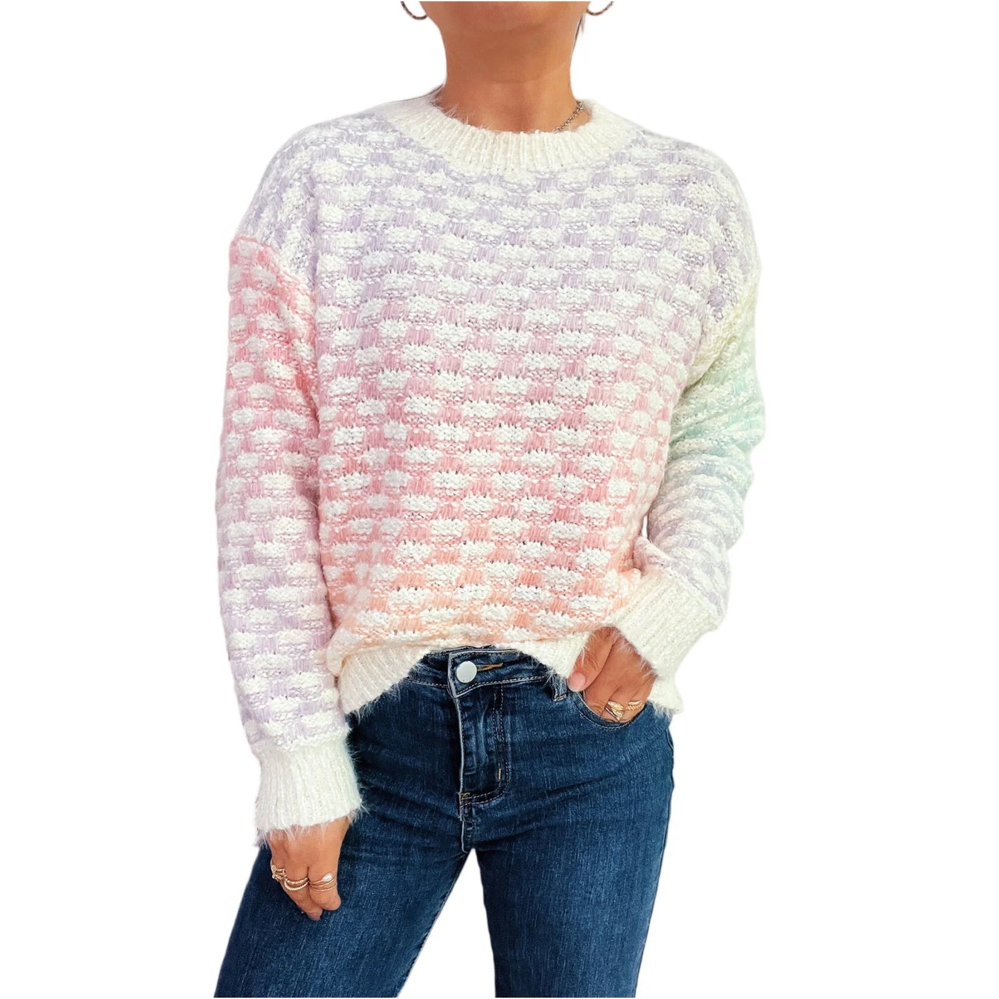 Women'S Casual Loose Pattern Gradient Color Long Sleeve Round Neck Pullover Knit Sweater Winter Clothes Woman Ropa De Mujer