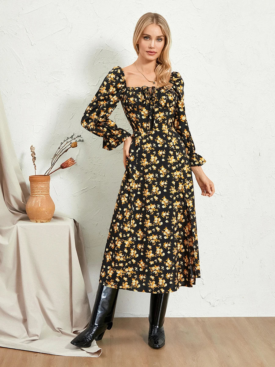 Women Long Dress Long Sleeve Square Neck Tie-up Floral Dress Slit Dress Fall Swing Dress