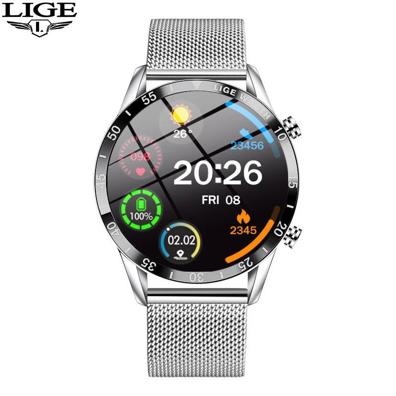 LIGE Luxury Full Circle Touch Screen Men Smart Watch Bluetooth Call Steel Band Waterproof Sports Fitness Watch For Android IOS