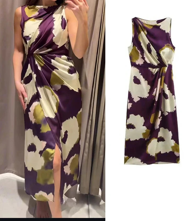 Women Summer Long Dresses 2025 New Fit Party Fashion Vintage Female Sleeveless Flower Print Round Neck Midi Dress Woman ﻿