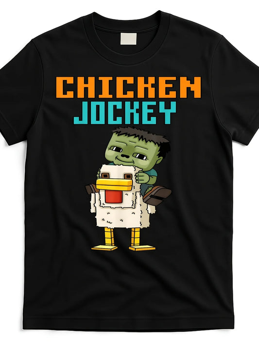 Mens Pixel Art Gamer Chicken Jockey Zombie Graphic T-Shirt Black Casual Crew Neck Short Sleeve Tee with Pixelated Design
