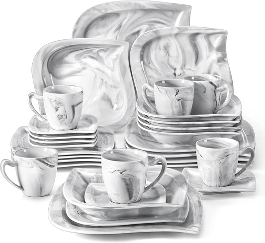 Dinnerware Sets for 6, 30 Piece Porcelain Plates and Bowls Sets, Marble Dish Set with Plates and Bowls, Cup and Saucer, Square P