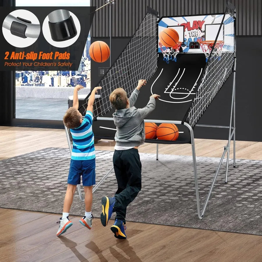 Folding Basketball Arcade Game for Indoor Outdoor Use Electronic Hoop with 8 Interactive Game Modes 4 Balls Dual Adjustable Hoo