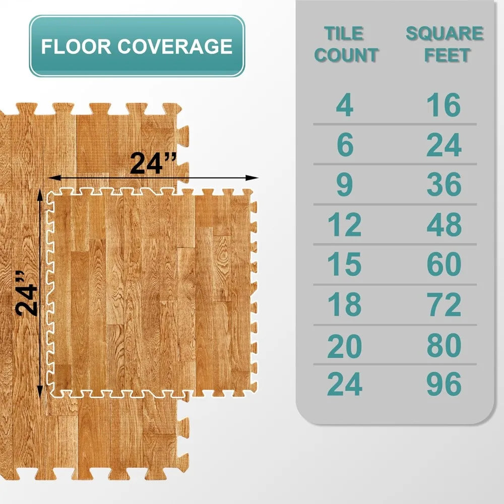 12 Tiles (48 Sq Ft) Wood Grain Floor Tiles Foam Mat, 3/8-Inch Thick Flooring Wood Puzzle Exercise Mats W/Borders, Tiles Foam Mat
