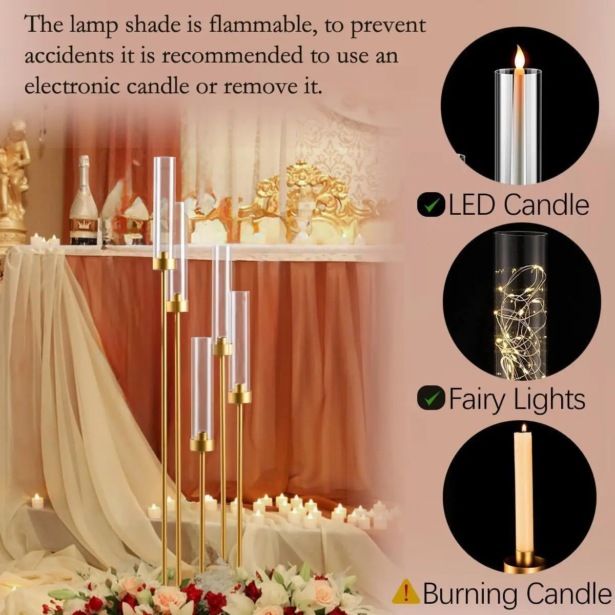 20PCS Gold Floor Candelabra 5 Arm Candle Holder Tall Candle Holder with Acrylic Lampshade for Wedding Birthday Party Decoration