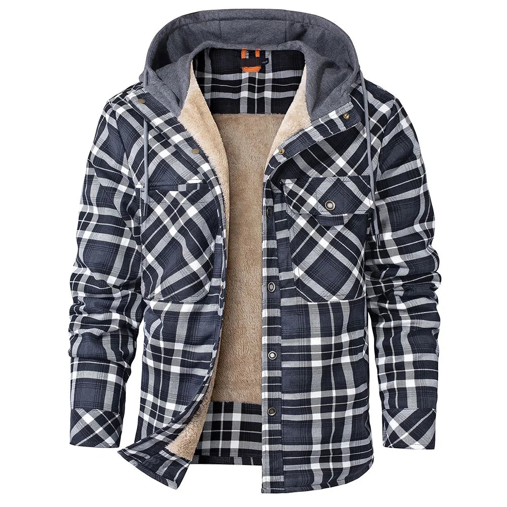 Men's Jackets Winter Hooded Warm Coat Casual Thicken Plaid Work Flannel Snap Sherpa Lined Fleece Clothing US Size