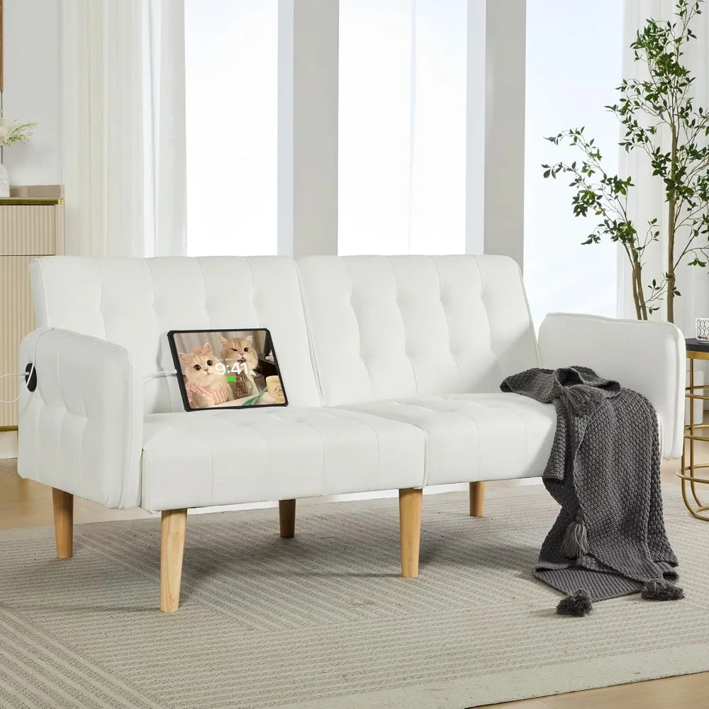 Modern Faux Leather Upholstered Convertible USB Folding Futon Sofa Bed, 65" Couch, Love Seats Furniture for Small Space Configu