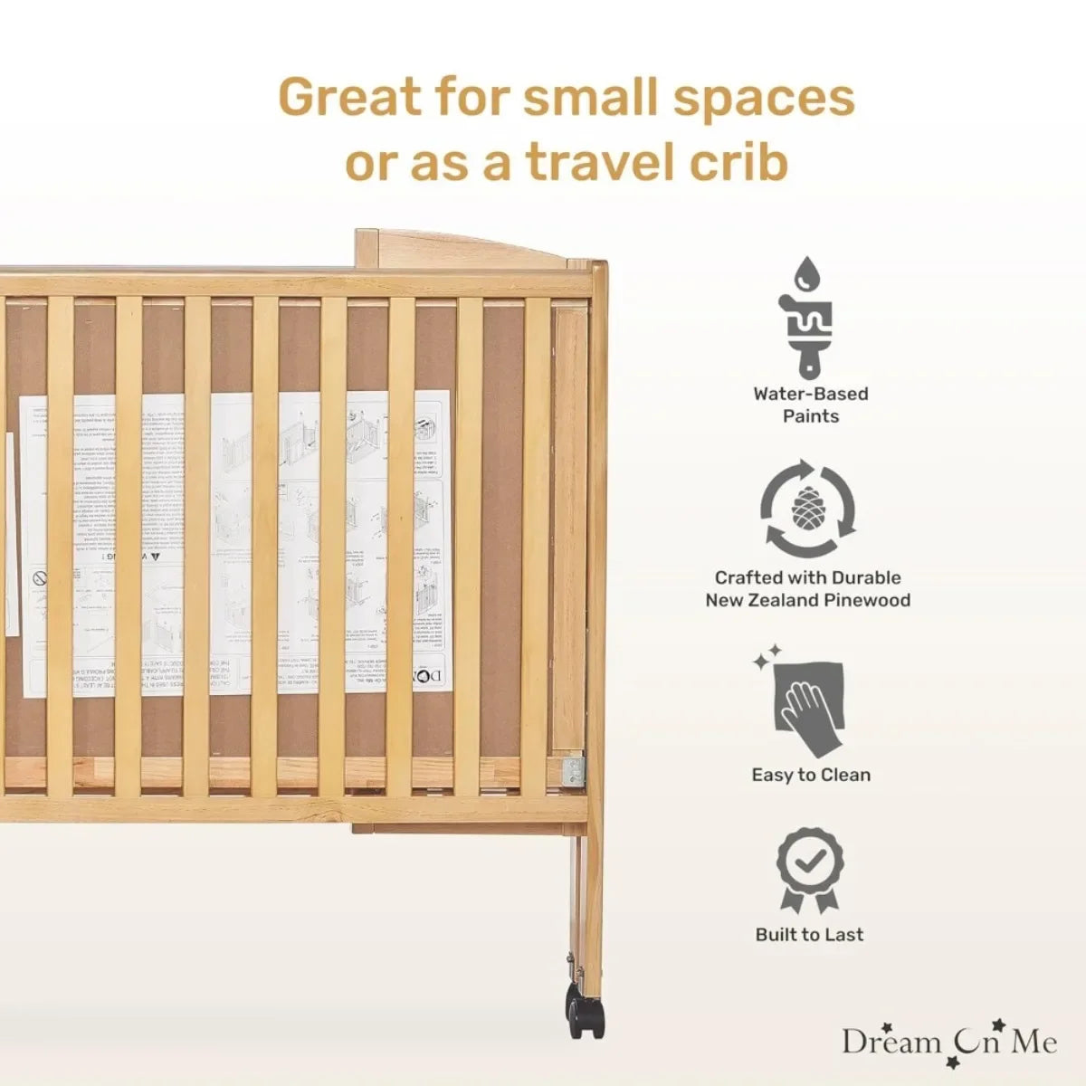 2-in-1 Folding Crib & Playard, Portable Baby Bed with Wheels for Travel, Compact for Home & Visits, Quick-Fold Design