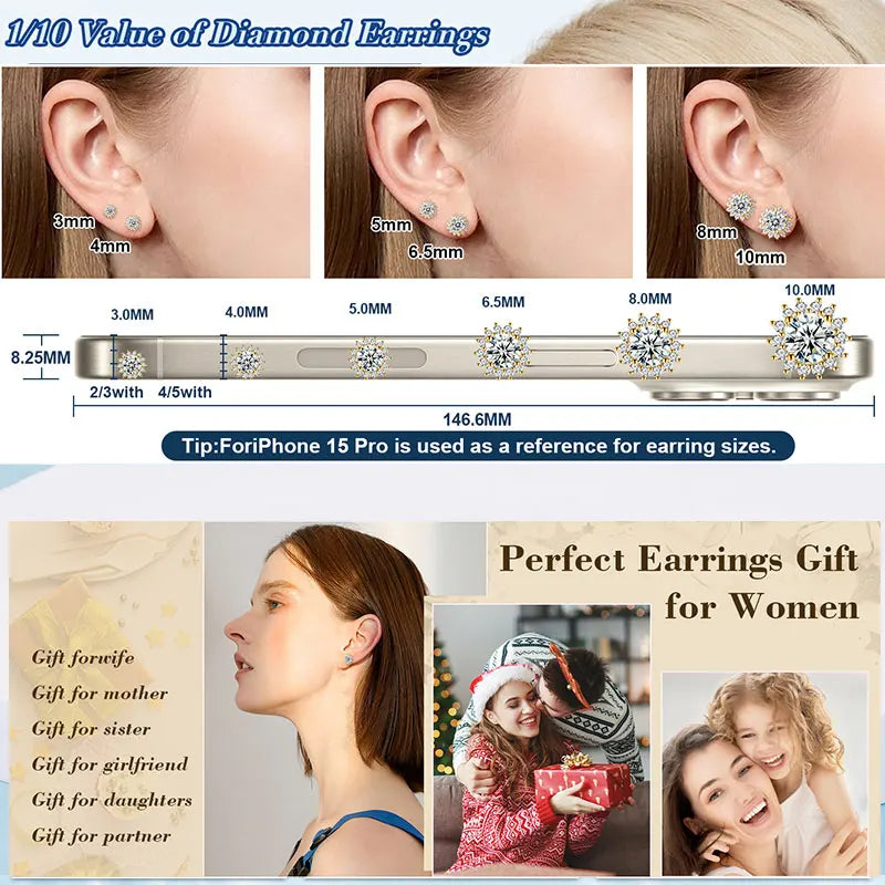 TUHE Unisex Moissanite Flower Earrings Silver 4mm 5mm