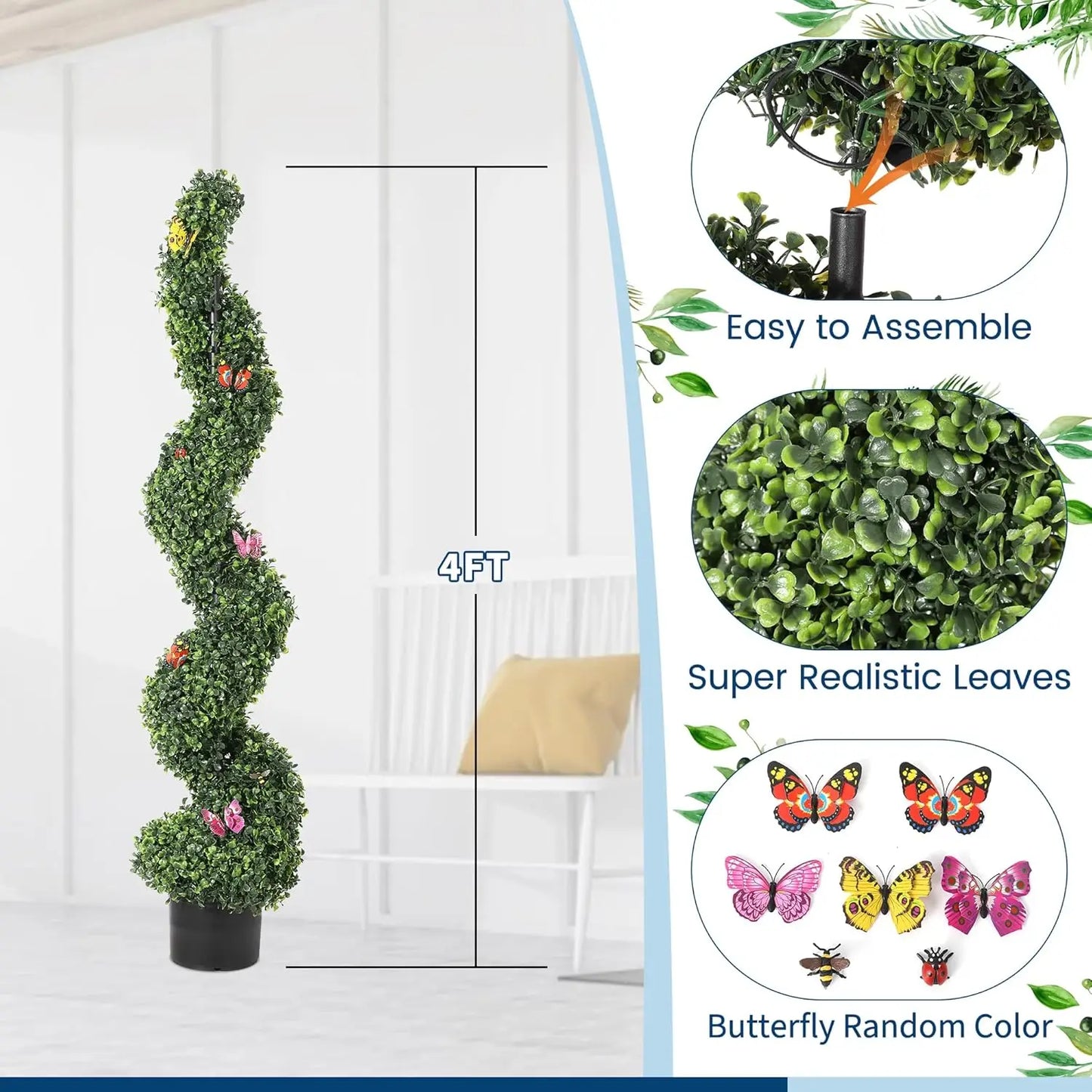 2pcs 4ft Artificial Spiral Topiary Trees Outdoor Faux Plants with Butterfly Front Door Faux Plant 2 for Porch Garden Home Decor