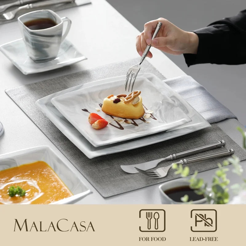 30PCS Marble Grey Porcelain Tableware Dinnerware Set with 6PCS Dessert/Soup/Dinner Plate/Cup/Saucer,Plates and Bowls Sets,FLORA