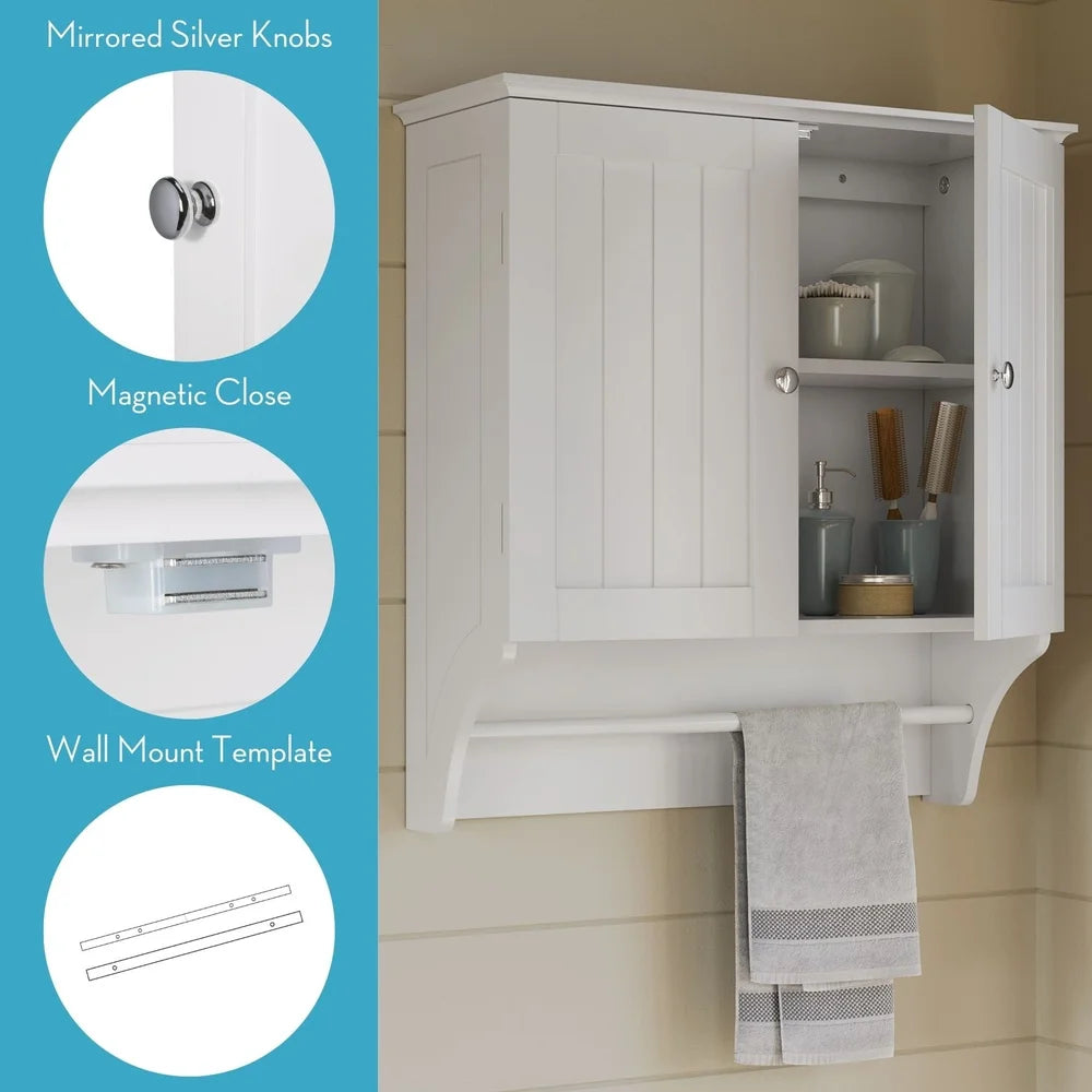Two Door Wall Mount Bathroom Cabinet Storage with Towel Bar Mirrored Knobs Medicine Cabinet Laundry Room Organizer White