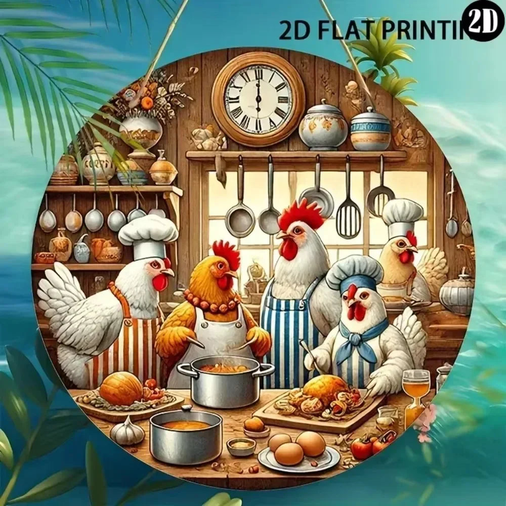 Wall Art，ChickenShield™ Country Kitchen Chickens Round Wall Sign | Weather - Resistant Material | Ornate Patterns | Versatile De