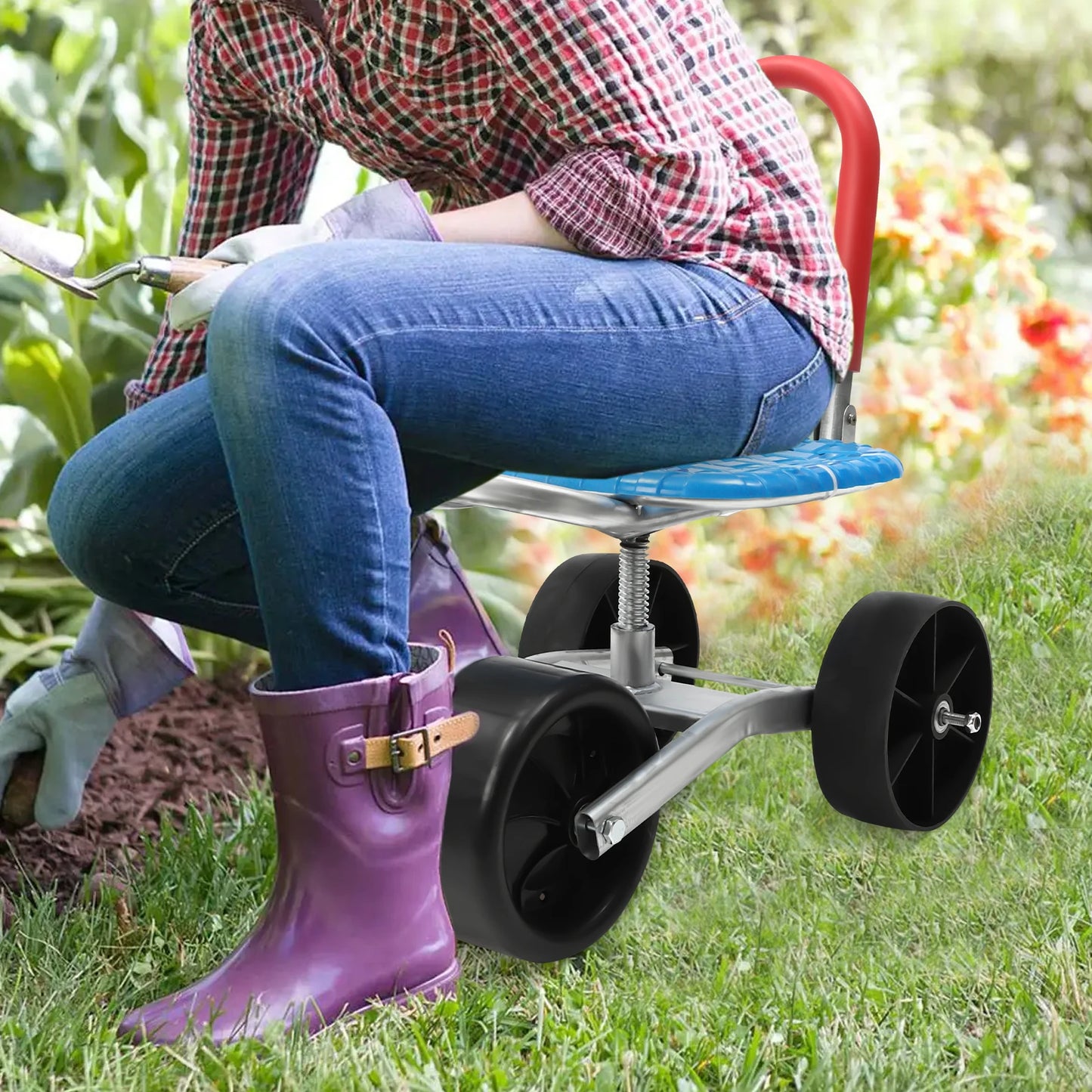 Rolling Garden Stool 150kg - Heavy-Duty High-Carbon Steel Cart w/3×360° PE Wheels, Adjustable Height 23-38cm, L-Shaped Seat