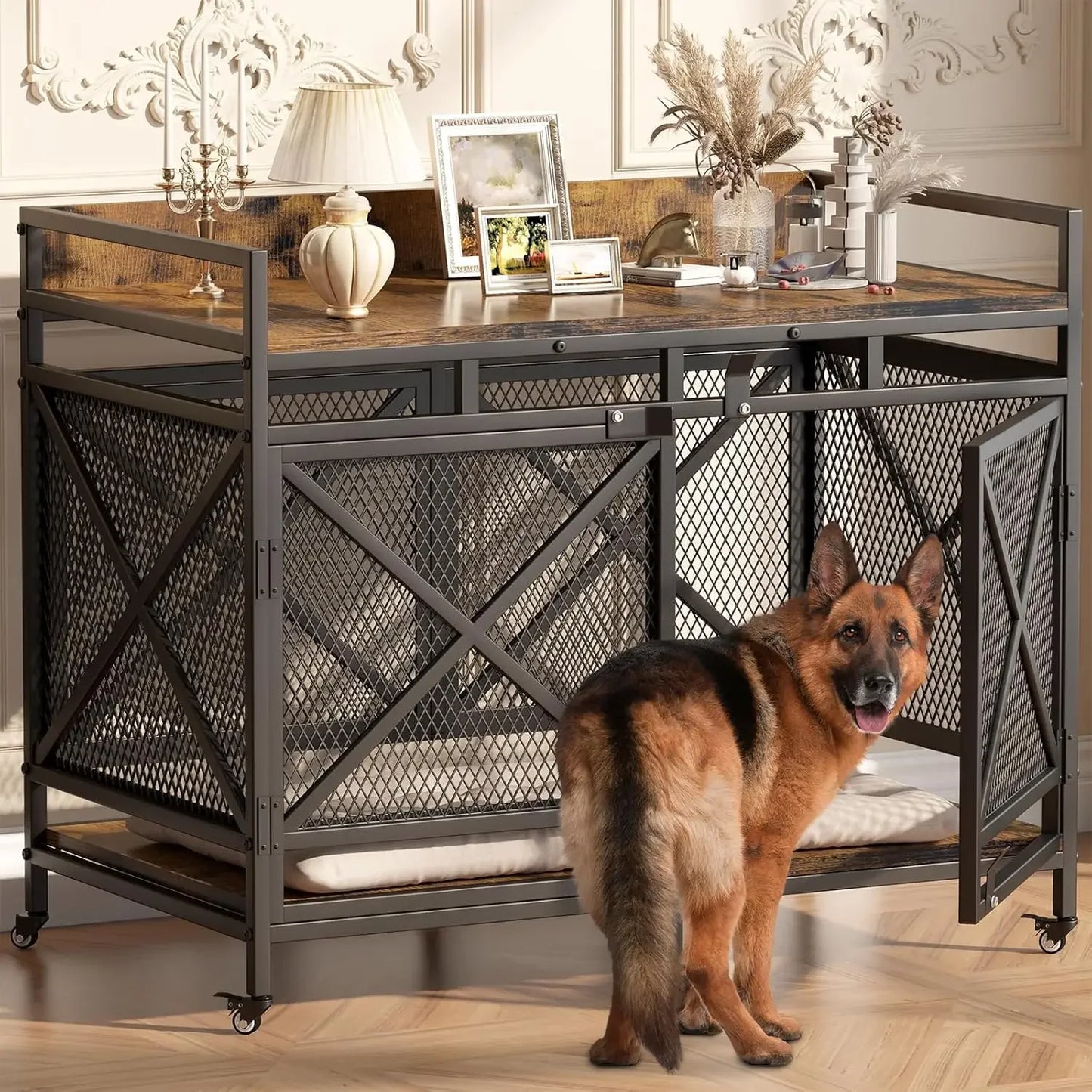 Large Dog Crate Furniture, 48 Inch Heavy Duty Dog Kennel for Large Breeds, Wooden Dogs Cage with Wheels,