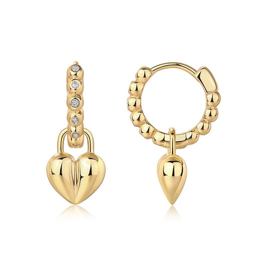 JIUZUAN 18K Gold Plated Heart Drop Earrings, 925 Silver with Moissanite, Beaded Hoop Design - Romantic Gift Jewelry for Women