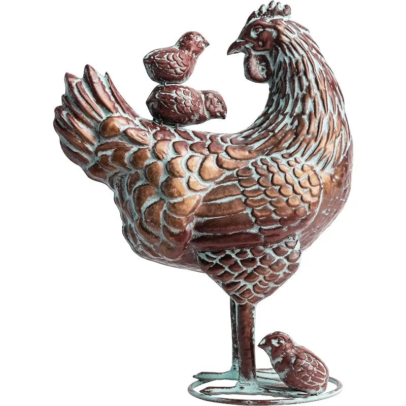Garden Chicken Art Outdoor Statues - Mother Hen & Chicks Metal Statue, 13.5"x18" Life-Like Chicken Decor, Antique Copper Yard Or