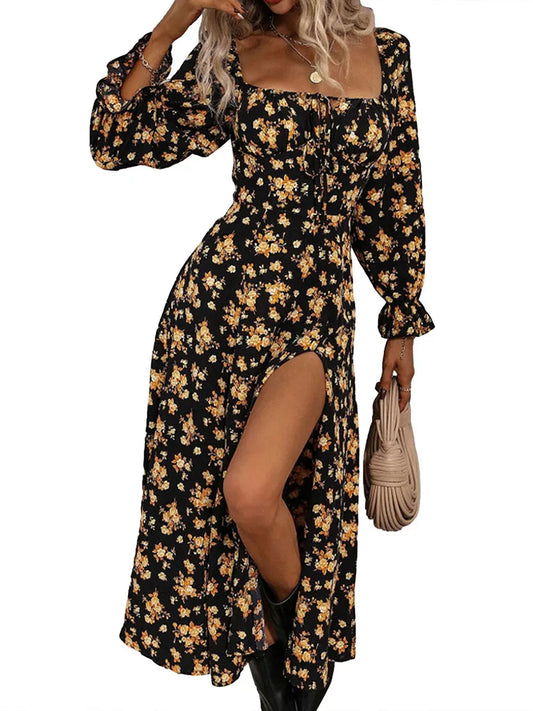 Women Long Dress Long Sleeve Square Neck Tie-up Floral Dress Slit Dress Fall Swing Dress