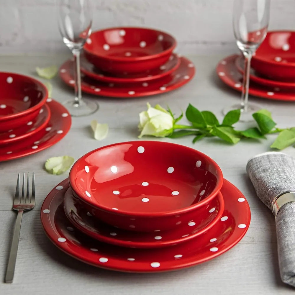 Handmade Red and White Polka Dot Ceramic 12 piece Dinnerware Set | Pottery Tableware Service for 4 | Dinner Plates | Side Plates