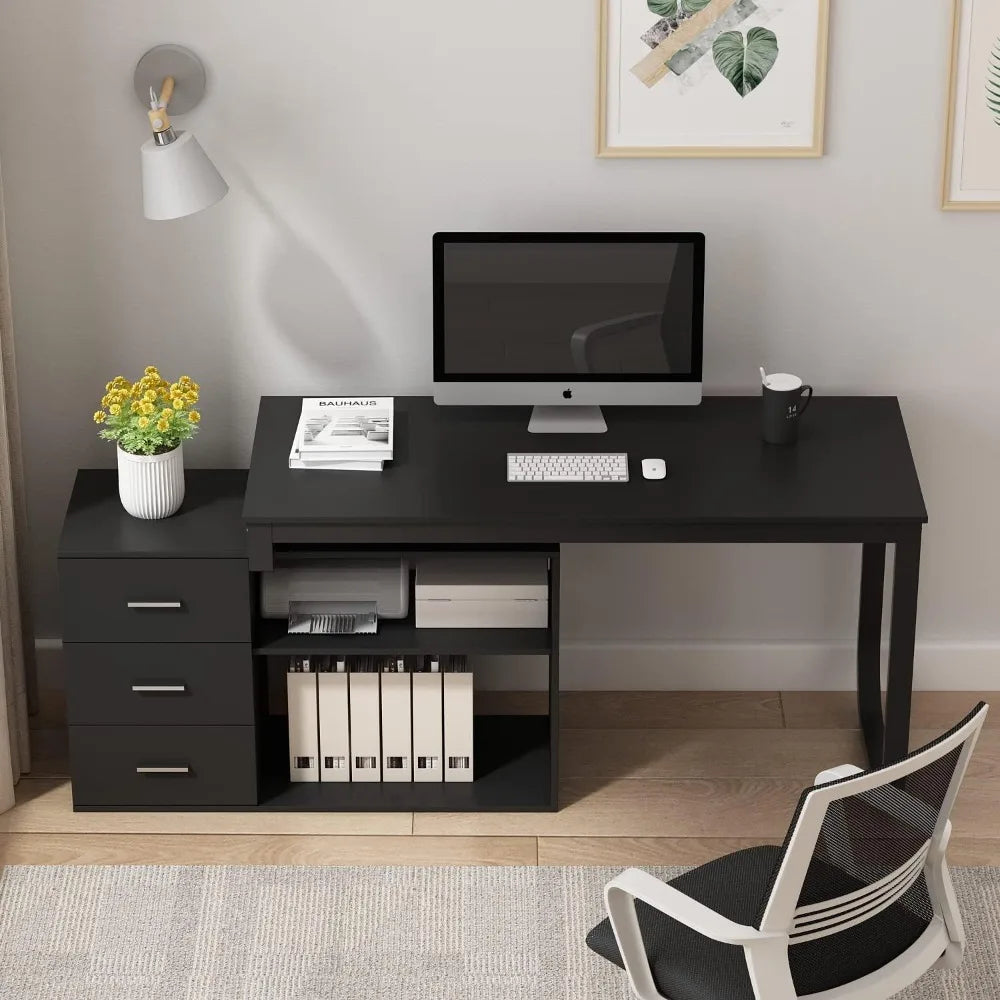 Home Office Computer Desk Corner Desk with 3 Drawers and 2 Shelves, 55 Inch Large L-Shaped Study Writing Table with Storage