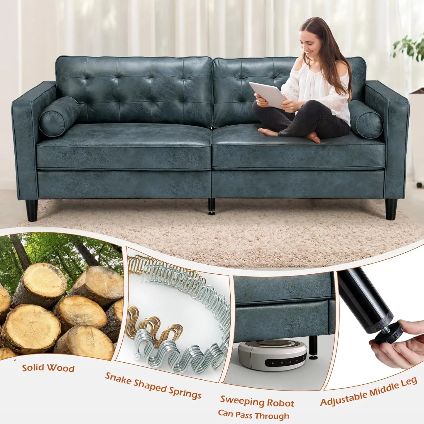 Faux Leather Sofa, 84.2-Inch Mid Century Modern 3-Seater Couch with 2 Bolster Pillows, Large Blue Sofa for Living Room