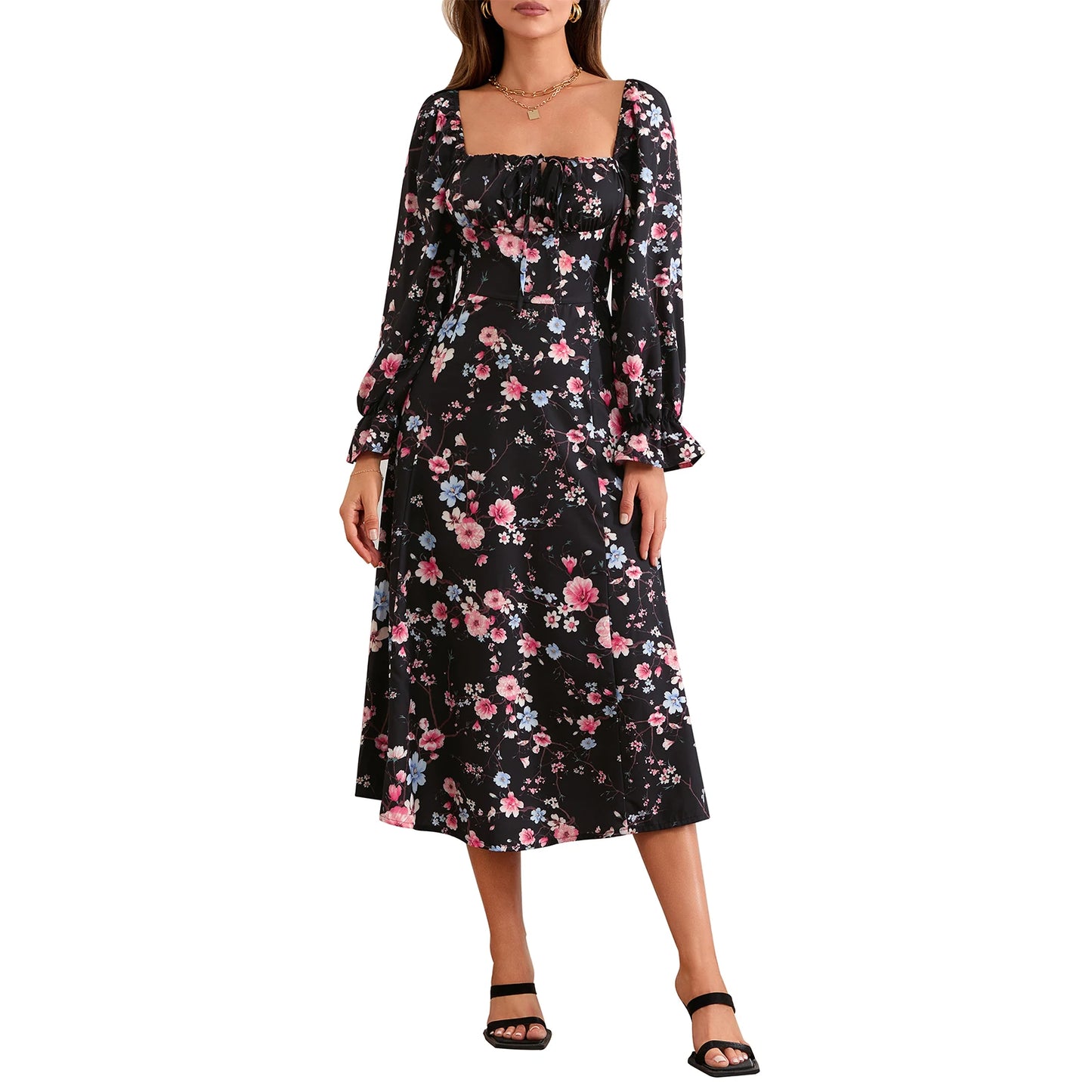 Women Long Dress Long Sleeve Square Neck Tie-up Floral Dress Slit Dress Fall Swing Dress