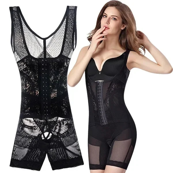 Three-Row Button Bodysuit Open-Crotch Pressure Abdomen Net Lace Body Shaping Underwear Thin Summer Suitable for Men And