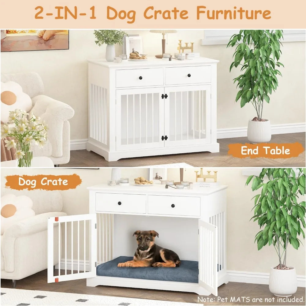 Dog Crate Furniture, 44 Inch Wooden Dog Kennel Indoor with 2 Storage Drawers, Heavy Duty Large Dog Crate Furniture