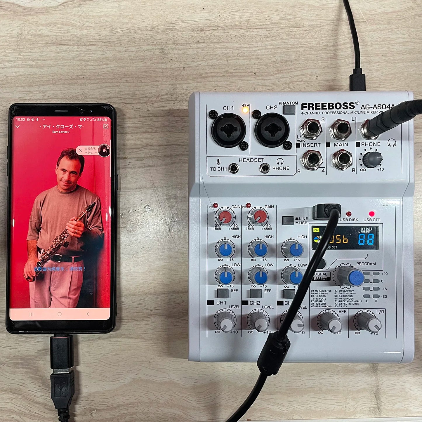 Freeboss Mixing Console Mobile Broadcast 4 Channel Bluetooth PC USB 88 DSP Digital Effect White Sound Audio Mixer AG-AS04A