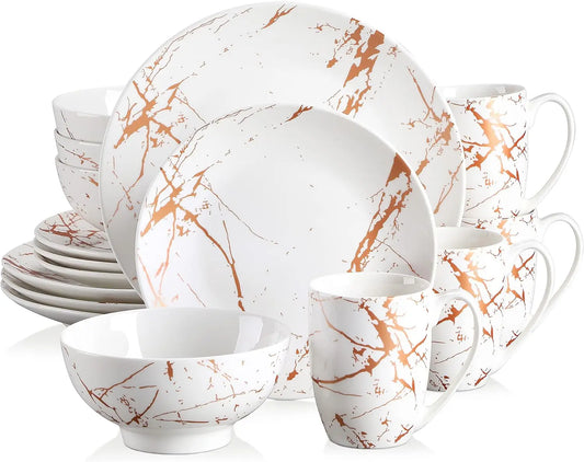 White Dinnerware Sets for 4, 16 Piece Porcelain Dish Set Plates and Bowls Sets, Gold Splash Glaze Ceramic Dinner Set with Mugs,