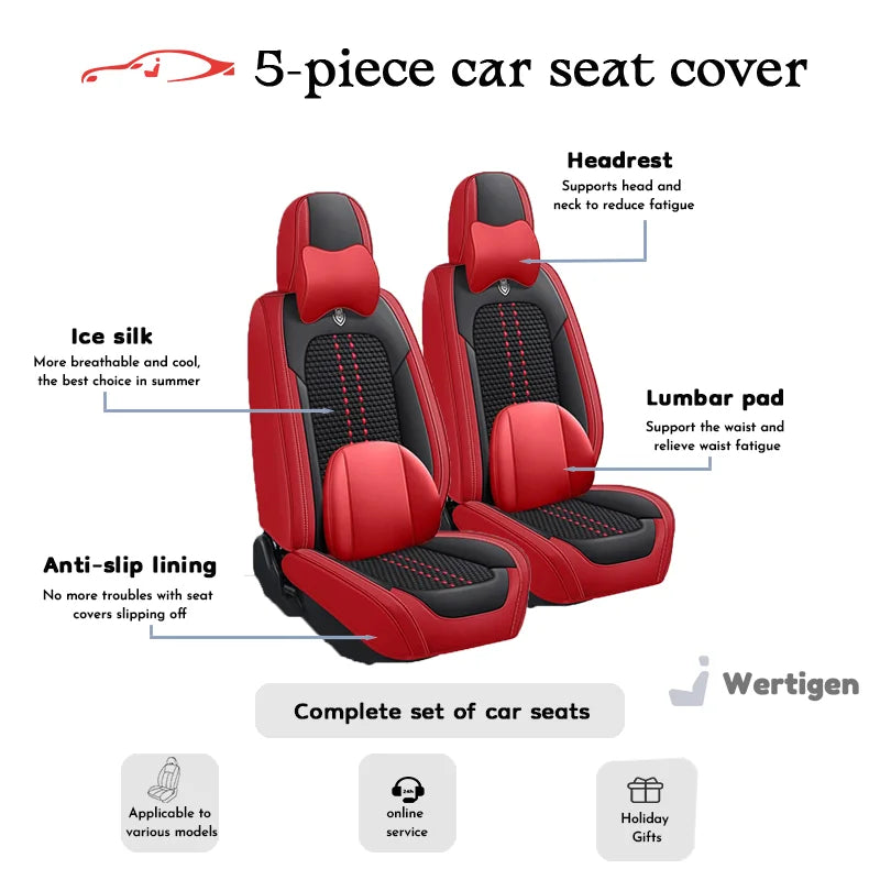 Universal car seat cover, waterproof PU leather, lined with breathable ice silk, 5-seat set for the whole car