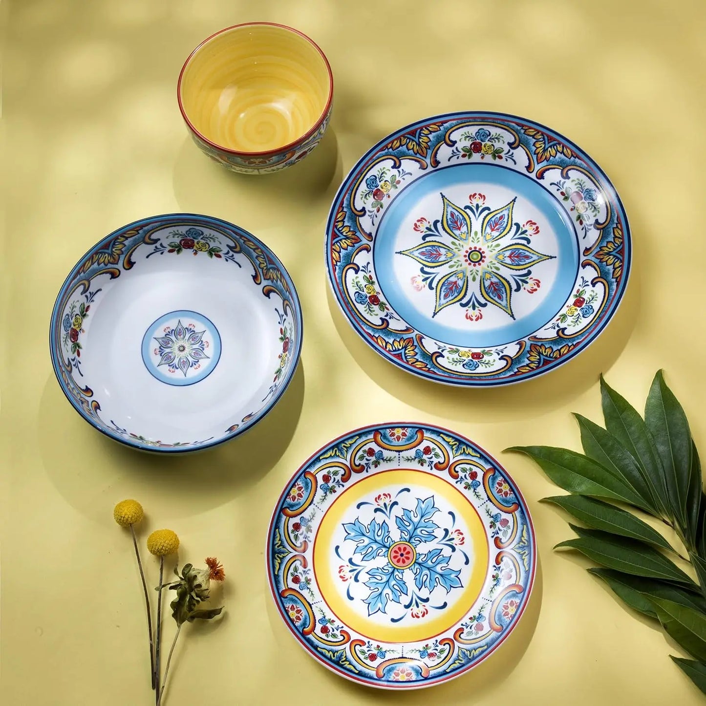 Zanzibar Double Bowl 16-Piece Dinnerware Set | Fine Kitchenware | Floral Multicolor Design Stoneware Tableware Service For 4