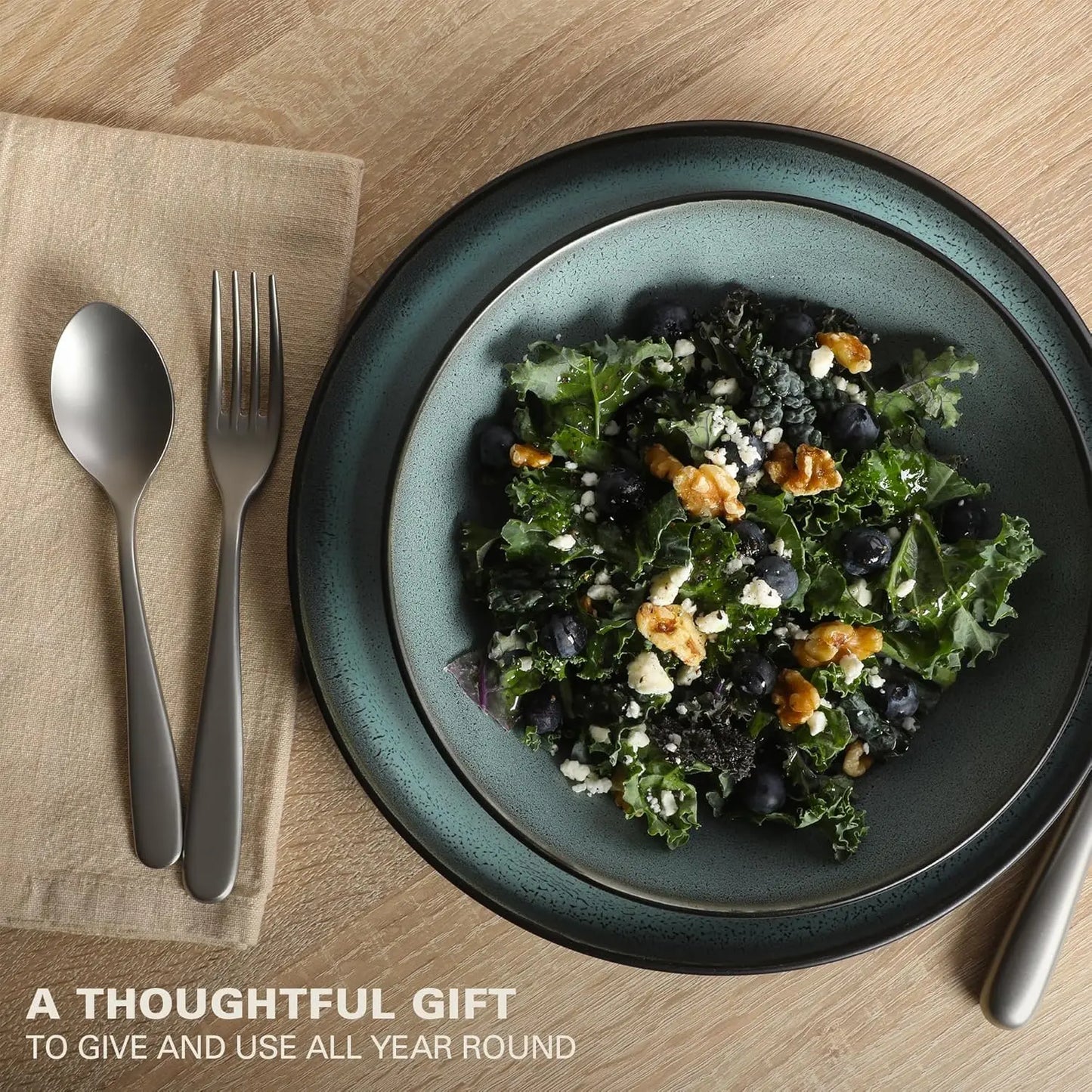Tribeca Loft 16-Piece Dinnerware Set - Matte Black and Green Reactive Glaze Stoneware, Double Bowl Round Plates and Bowls - Mode