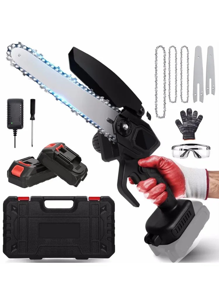 Cordless Chainsaw, Mini Chiansaw with 6 inch / 8 inch Chians, Portable Handheld Electric Chainsaw for Household & Garden
