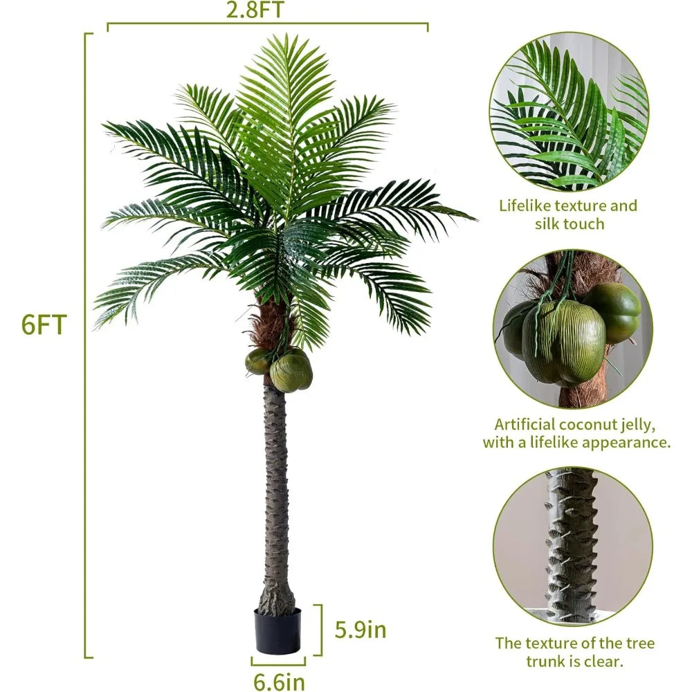 6FT Artificial Phoenix Palm Tree with Coconut Fruit Outdoor Indoor Decor Large Faux Coconut Silk Palm Tree Tropical Fake Tree La