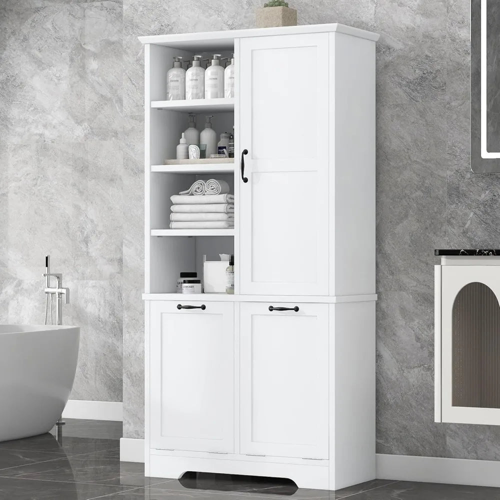 Tall Bathroom Storage Cabinet with Laundry Hamper Freestanding Storage Cabinet with Open Shelves and Adjustable Shelf White Modern Style